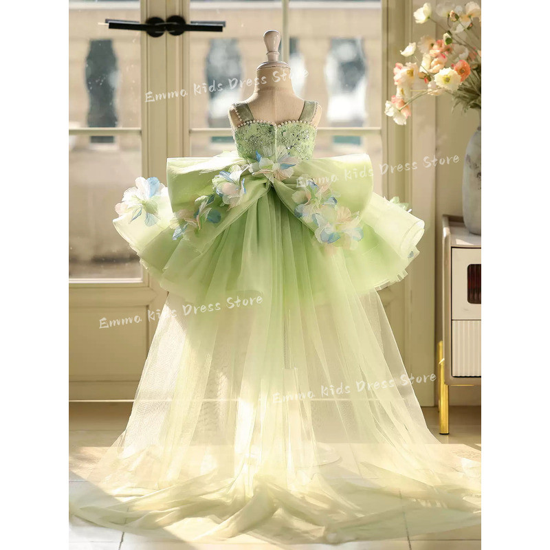 Girl Summer Flower Girl Dress Green Floral Girl Wedding Dress Children's Birthday Piano Performance