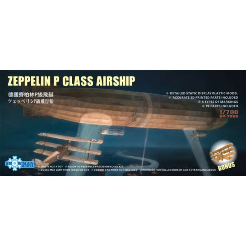 Snowman Model SP-7055 German Zeppelin Airship P-class 1910 + N500 British Triplane 2 aircraft 1/700