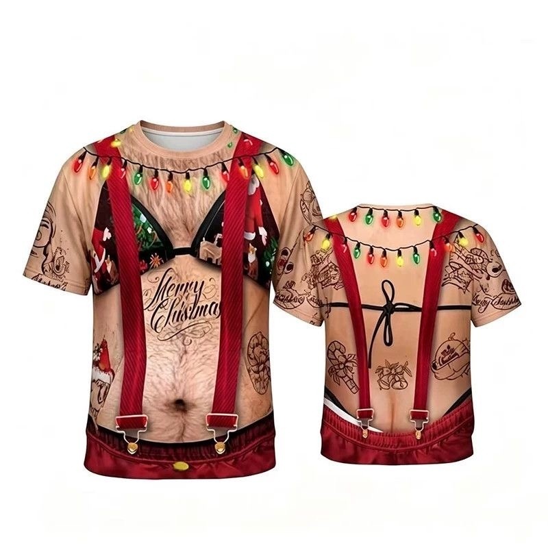 ตลกคริสต์มาสเบียร์ Belly Tattoo แขนสั้นผู้ชายสนุก 3D จําลองพิมพ์เสื้อยืด Prank บุคลิกภาพครอบครัวการจ