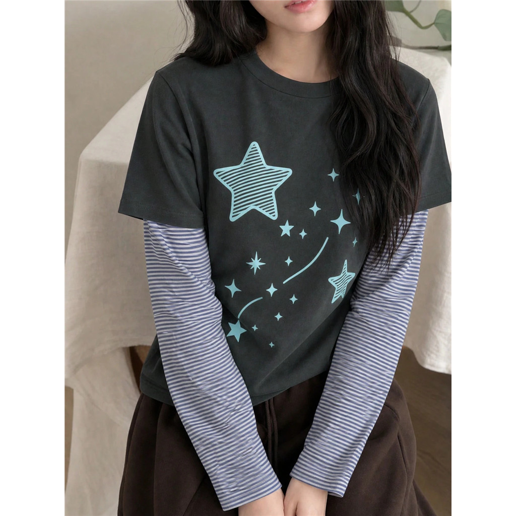 เสื้อยืดแขนยาวลายผู้หญิง Autumn Star พิมพ์ 2-in-1 – Y2K Rock-Style Casual Layered Top