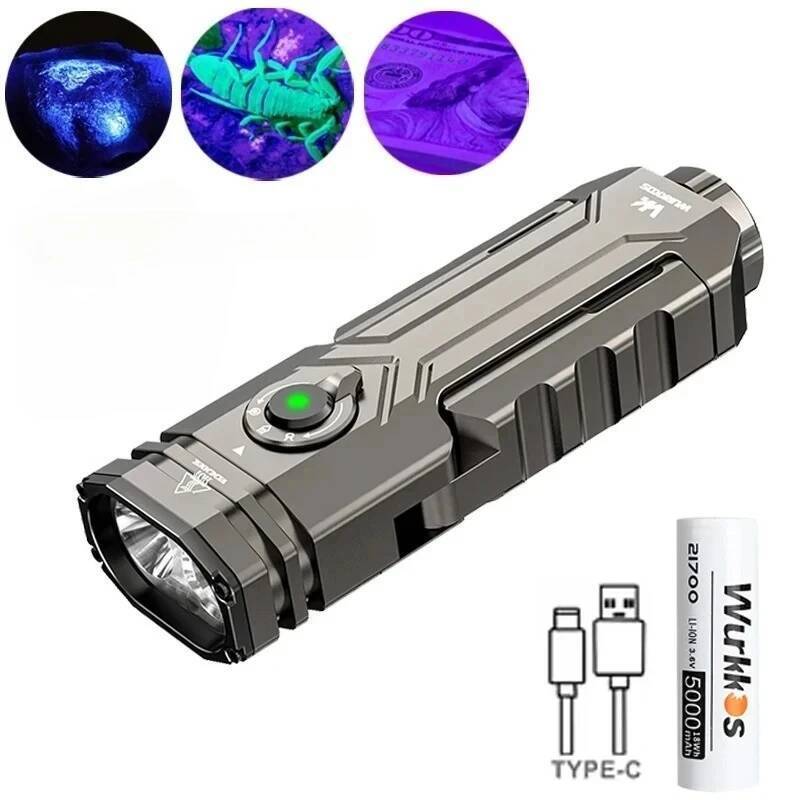 Wurkkos HD02 ไฟฉาย LED Mini UV 3200 lumens สำหรับตกปลา พกพาได้ง่าย ชาร์จได้ สีขาวบริสุทธิ์ 6500K