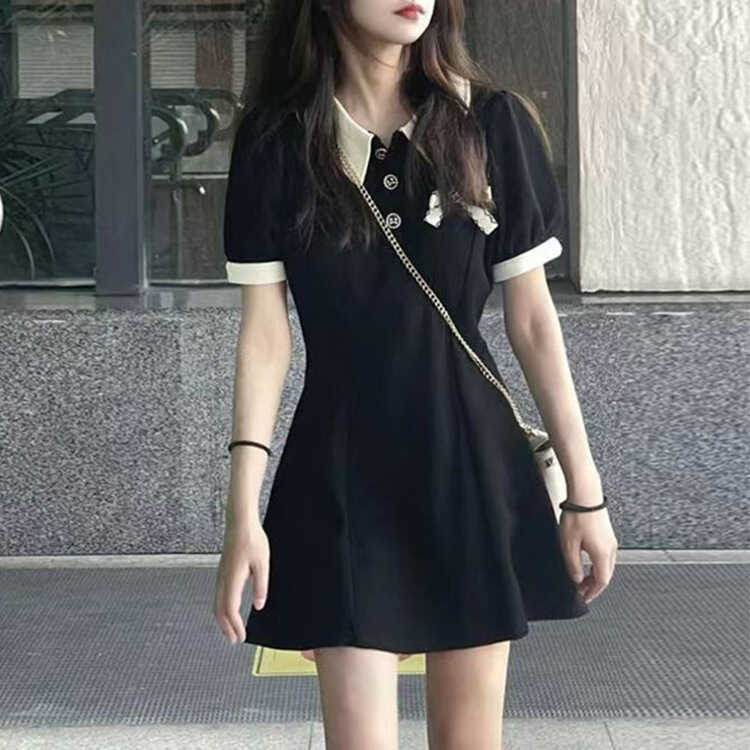 Preppy สไตล์สีดํา pl คอชุดผู้หญิง 2 0 5 ฤดูร้อนชาขนาดเล็ก Break Classy เอวแคบสั้น