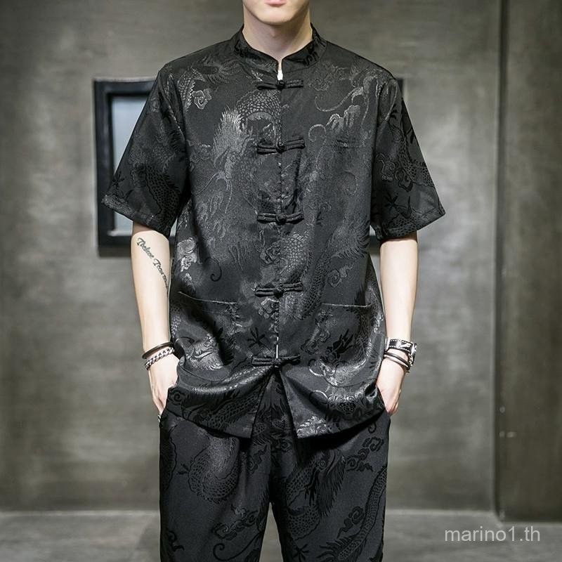 ผู้ชายสไตล์จีน Tang เสื้อแขนสั้นเสื้อฤดูร้อนเสื้อผู้ชายสไตล์จีน Retro STAND COLLAR TOP Clothes