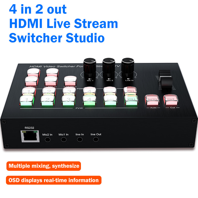 4 in 2 out HDMI Live Stream Switcher Studio Mic Mixer Multi Camera Live Streaming Broadcasting Produ
