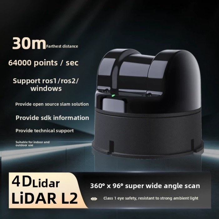 L2 4D LiDAR  360°×96° Wide Angle, 30m, 64k/s, SLAM, ROS1/2, for Robot Nav & Obstacle Avoidance