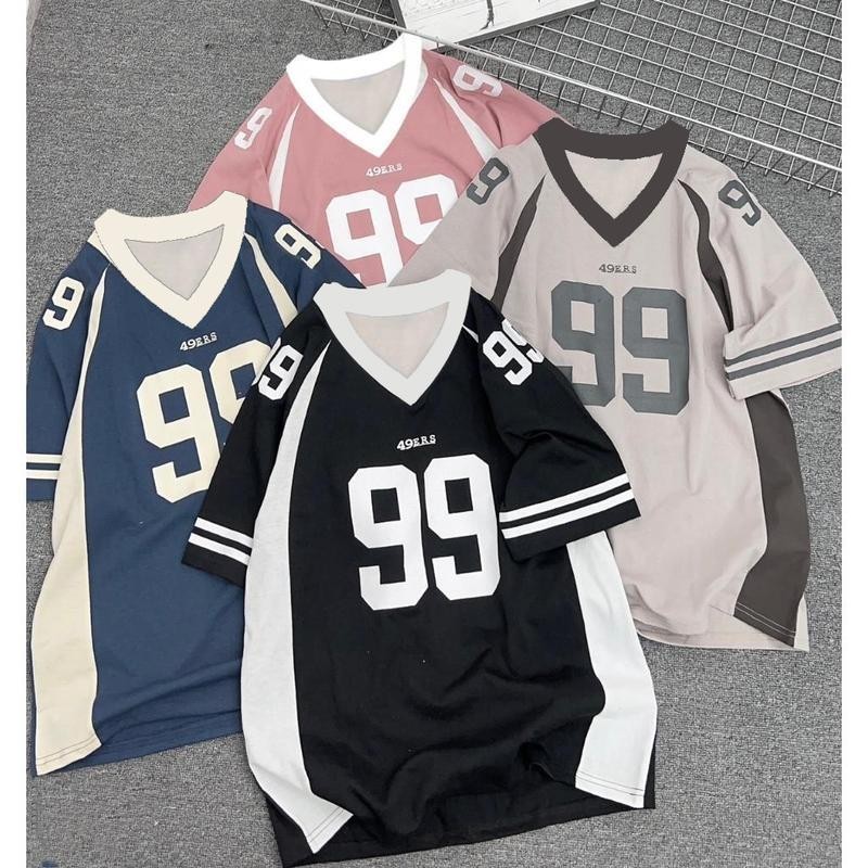 V คอบล็อกสีฟุตบอล Jersey ขนาดใหญ่หลวม Fit 49ERS หมายเลข 99 กราฟิกลาย Cuff Casual Street เสื้อยืด Uni