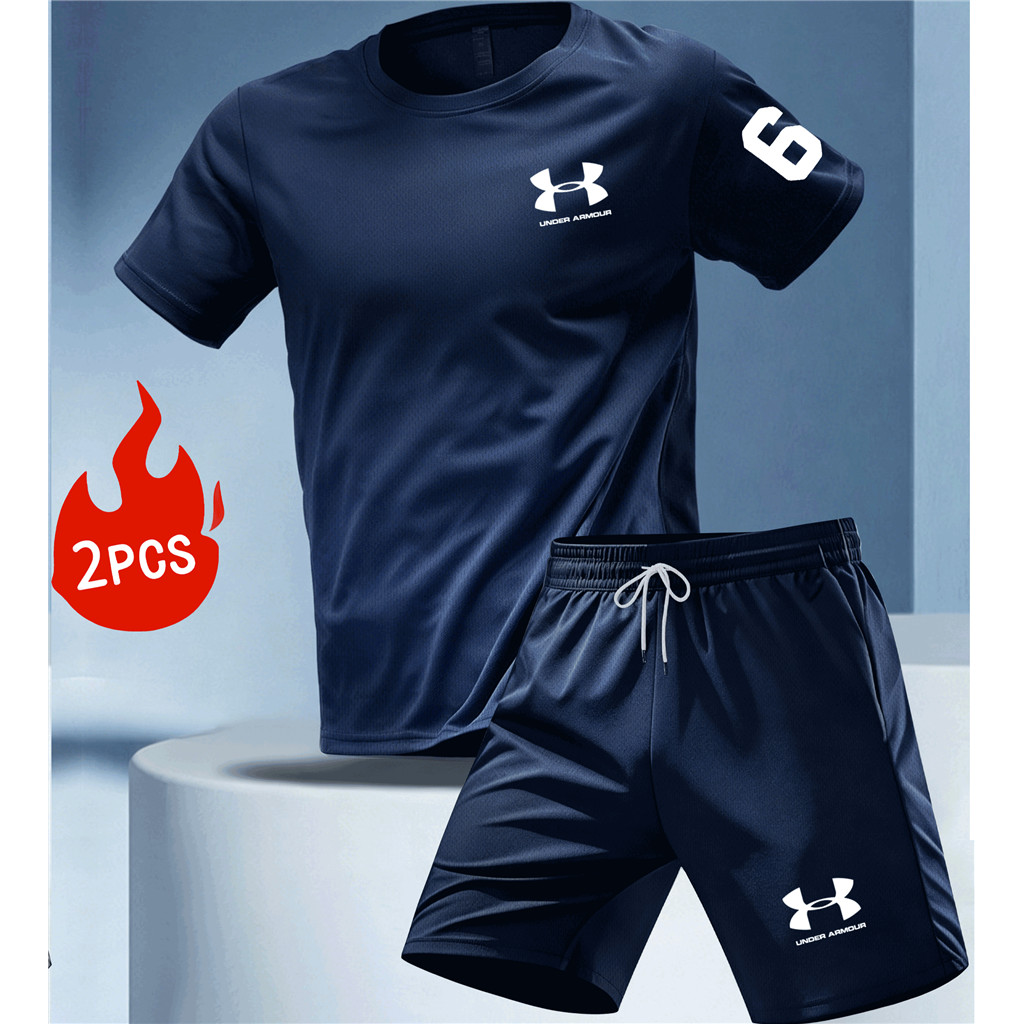 หมายเลข 6 Breathable กีฬาเสื้อยืดและกางเกงขาสั้นสําหรับชายฟิตเนส Dry Fit เสื้อยืดสําหรับชายผ้าไหมน้ํ