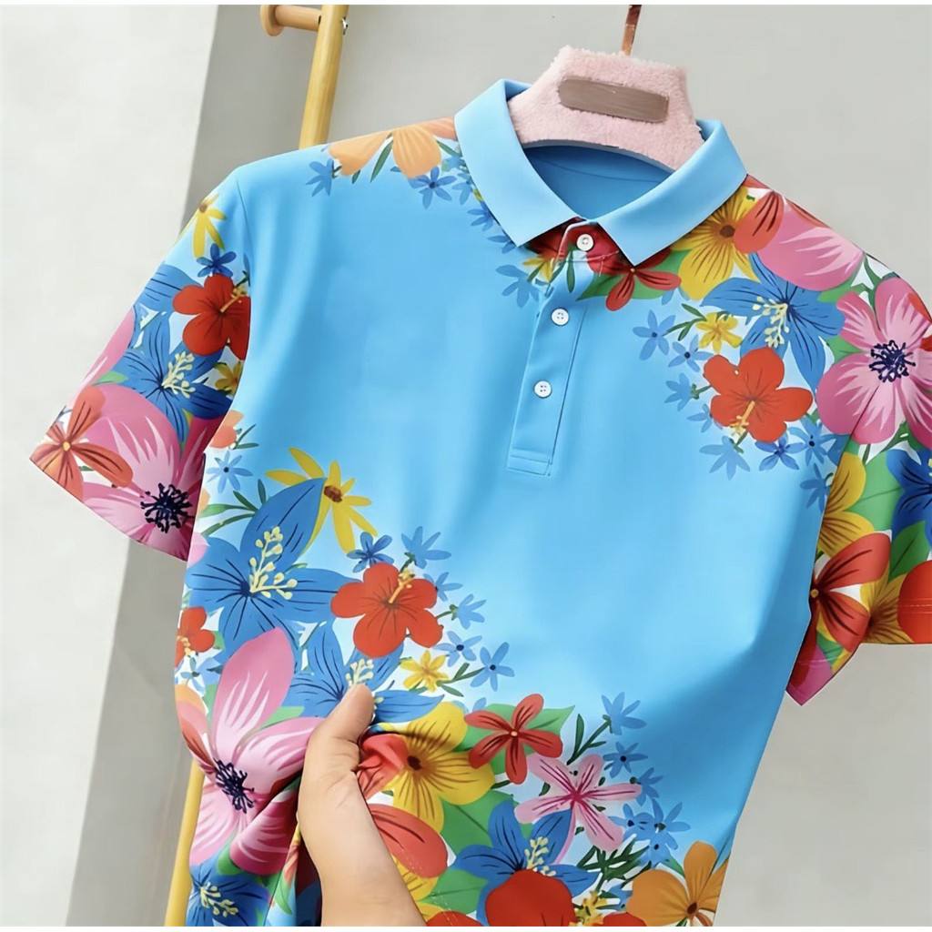 BOHEMIAN FLORAL PRINT HAWAIIAN SHIRT, สีผู้ชาย BLOCK LAPEL SHORT SLEEVE, CASUAL VACATION STYLE‌