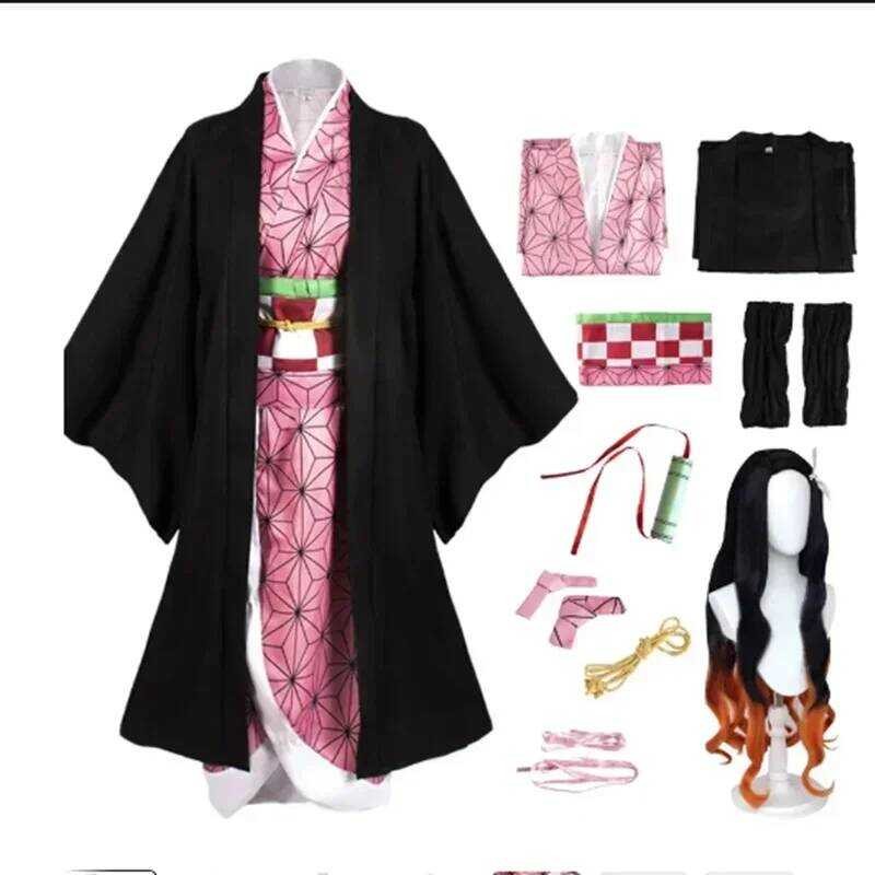 C Anime Nezuko Cosplay Kamado Nezuko Cosplay Costume Nezuko Wig Uniform With Props For Adult Kids H
