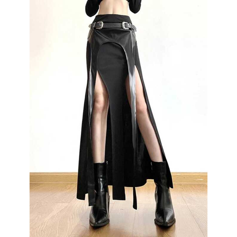 ▥ Altgoth Haruku Cyber Punk ไม่สม่ำเสมอกระโปรงสีดำสถาบันการศึกษาโกธิคสตรีทแวร์ Y2k เข็มขัดหมอนห