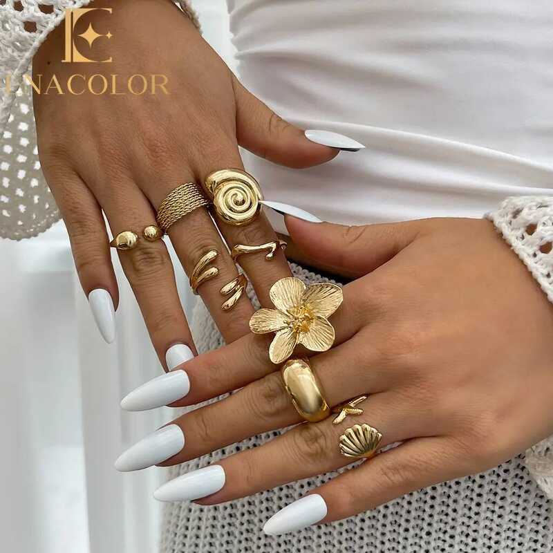 1D0 ชุดแหวน Retro Gold Flower, Enacolor, 8 ชิ้น/เซ็ต, วงธรรมดเรียบ, แหวนแฟชั่น, สไตล์ปลาดาวโบฮีเมีย