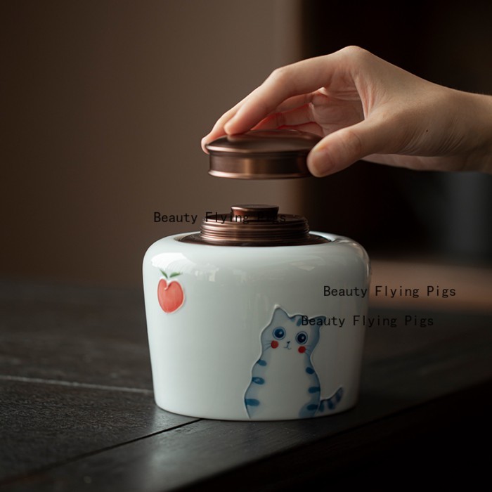Small ceramic hand-painted cute cat tea sealed jar metal double lid storage universal storage jar