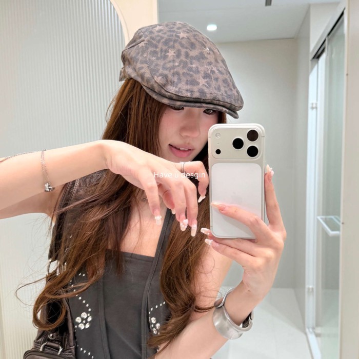มี u desgin Y2K Leopard Print Star Forward Hat Female Style Design Sense Unique Face Niche Beret