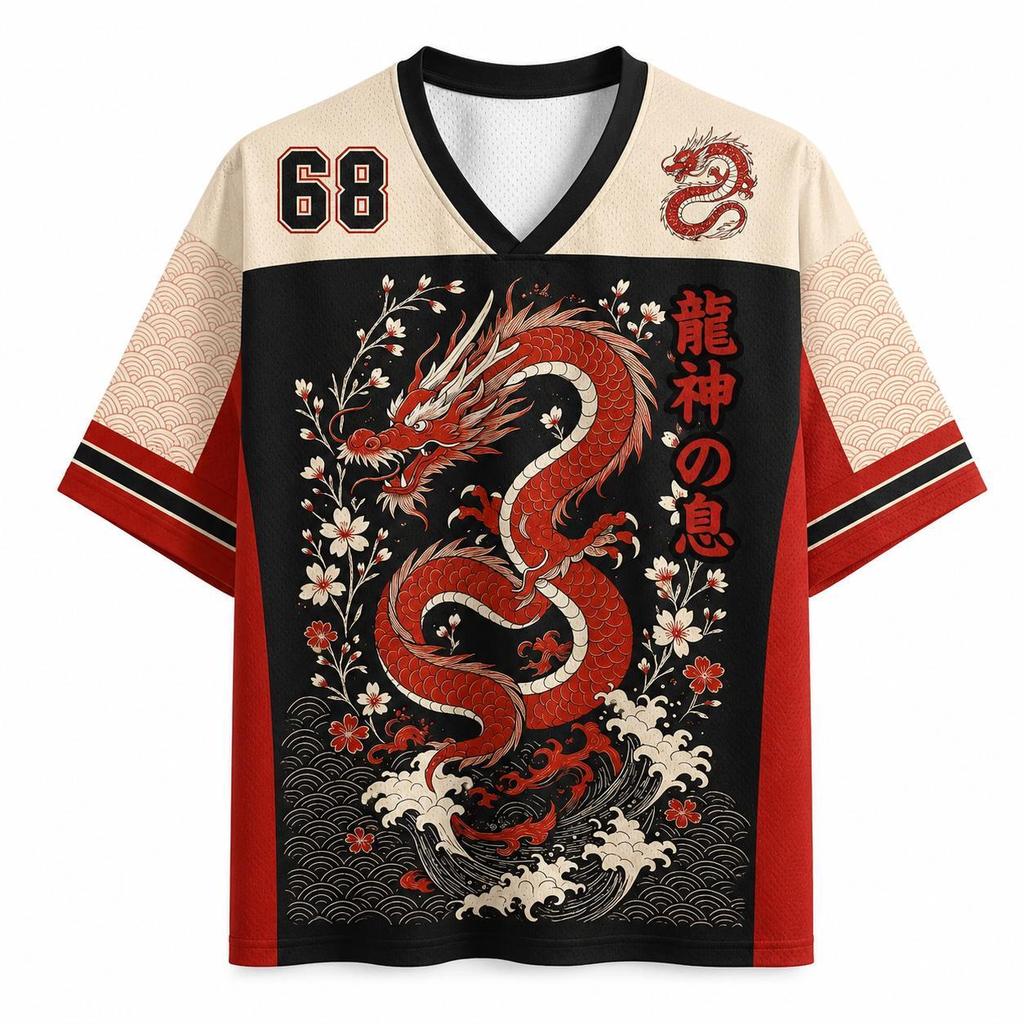 แฟชั่น Retro Oriental Dragon Cloud Wave Fitness Jersey Casual Hip Hop V คอทุกวัน Street กีฬาเสื้อยืด
