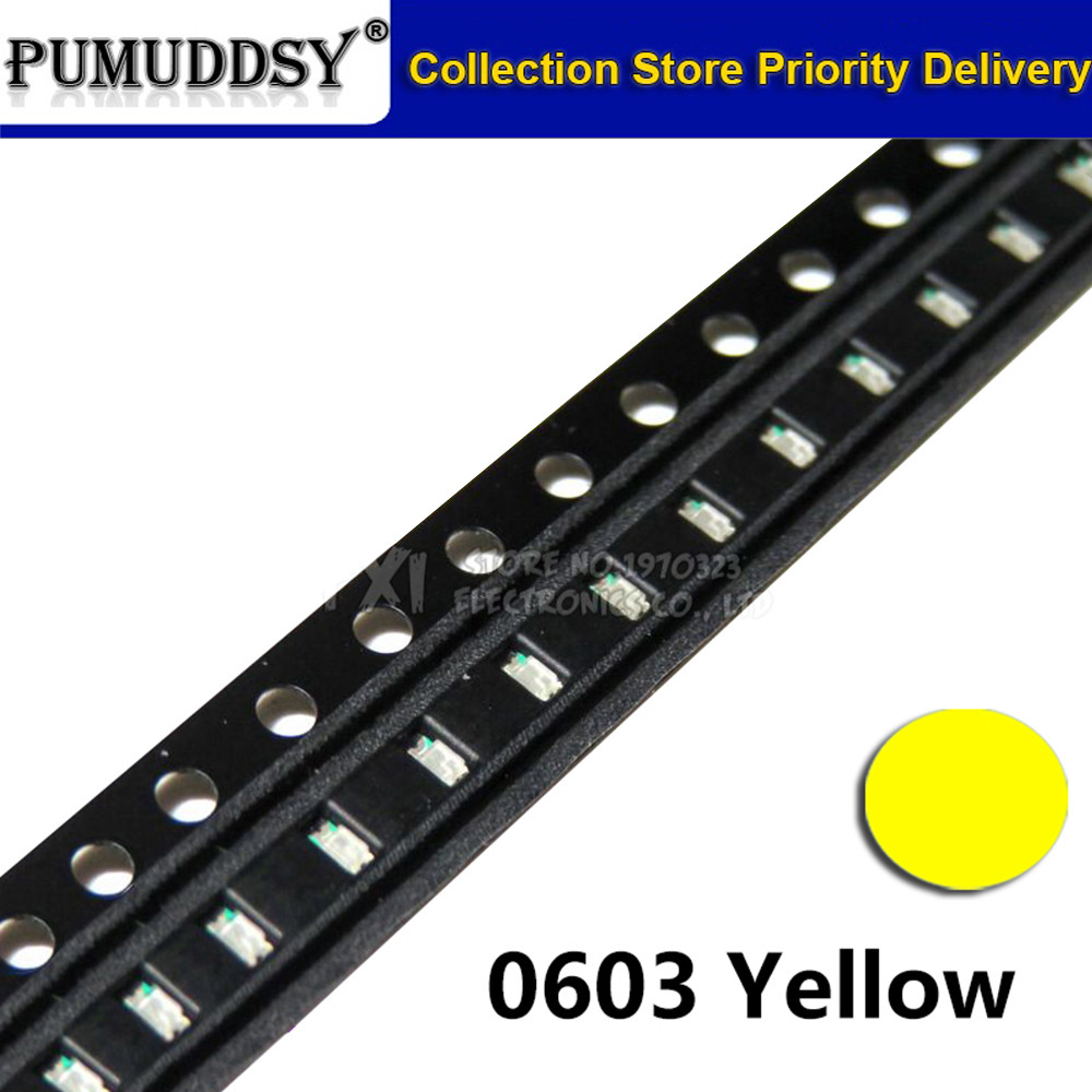 100 ชิ้นสีเหลือง 0603 ไฟ LED SMD ใหม่ต้นฉบับ