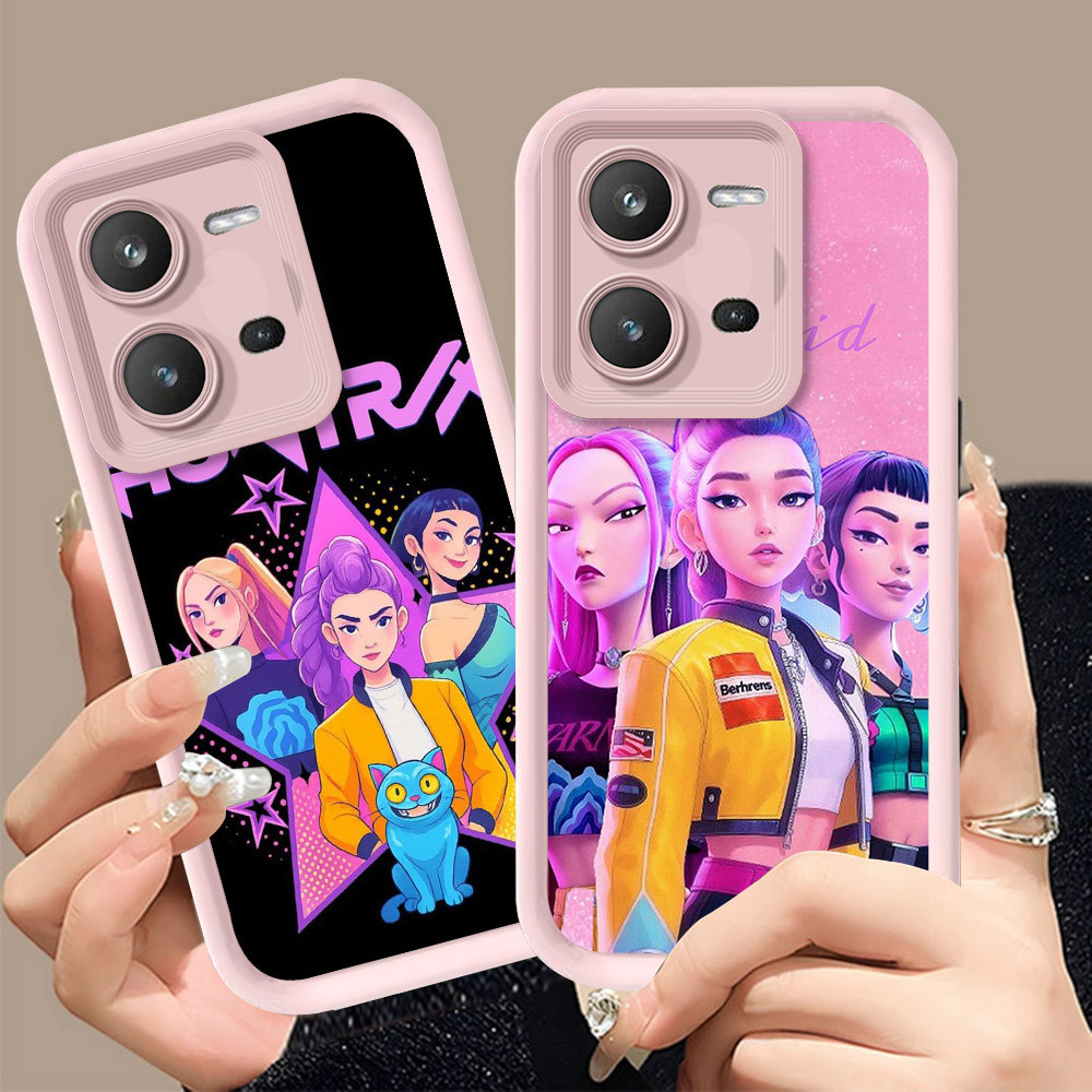 Q-9 Kpop Demon Hunter ขาวดำเคสโทรศัพท์หรับ VIVO V60 V60E V25 V25E Y22S Y35 Y22 Y28 Pro 5G ปกสีชมพู