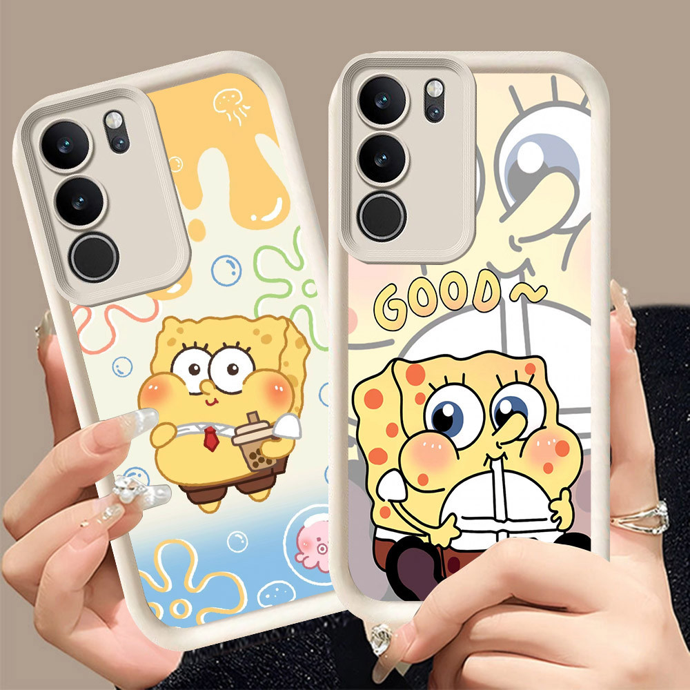 Q-7 SpongeBob ขาวดำเคสโทรศัพท์หรับ VIVO Y200 T4X Y19S Y21d Y300t Y29 Pro ปกสีชมพู