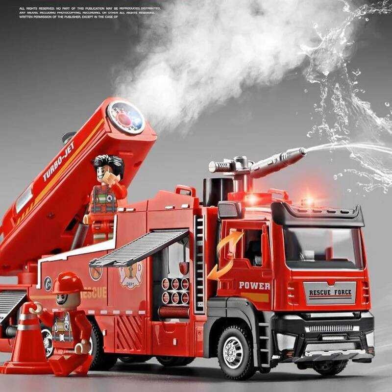 C Water Fire Truck Model Ladder Truc Sound Light Pull Back Doors Opened Vehicle Collection Boys Gif