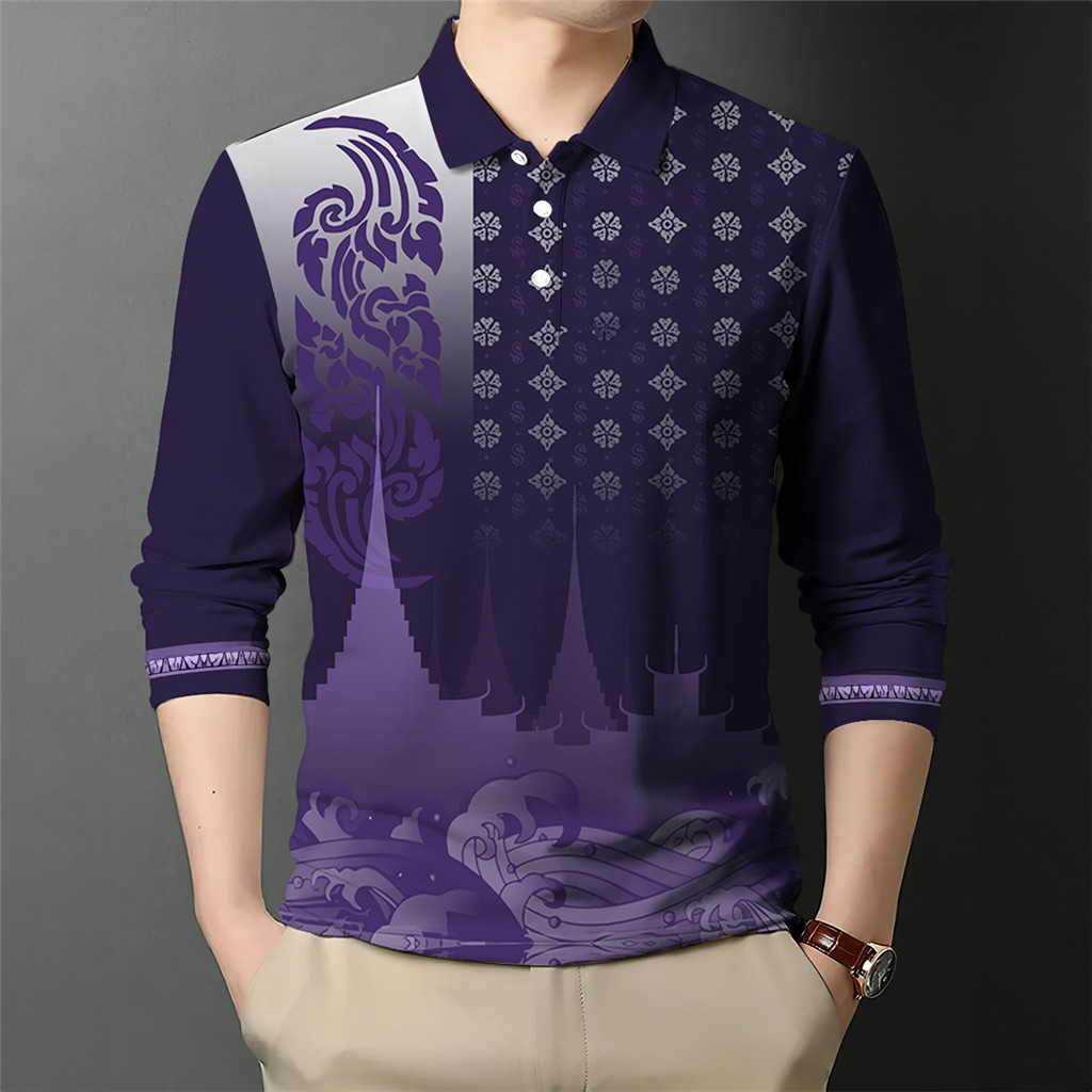 เสื้อโปโลผู้ชายบารอสําหรับผู้ชาย เสื้อผ้า สไตล์ชาติพันธุ์เสื้อโปโลแขนยาวเสื้อผ้าอาเซียนท็อปส์เสื้อโปโลชาติพันธุ์ โอ เวอร์ไซส์ รูปแบบย้อนยุคกลางแจ้งถนนสวม21