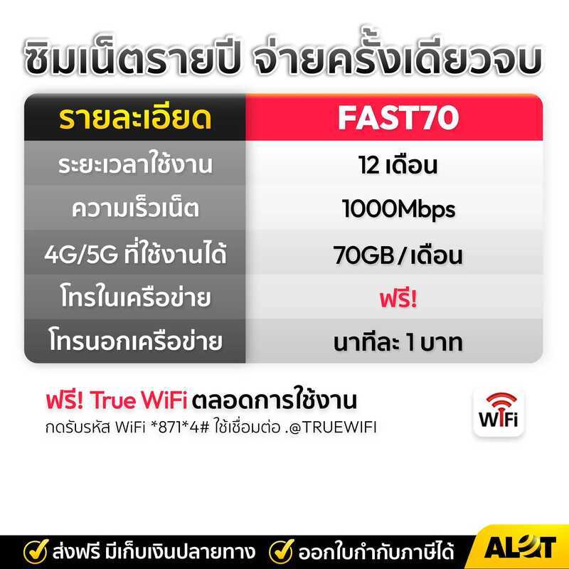 ซิมเทพ ซิมเน็ต ซิมรายปี Sim True Fast70 เน็ต 70Gb ต่อเดือน ความเร็วสูงสุด 1000Mbps โทรฟรี 1 ปี 3G 4G