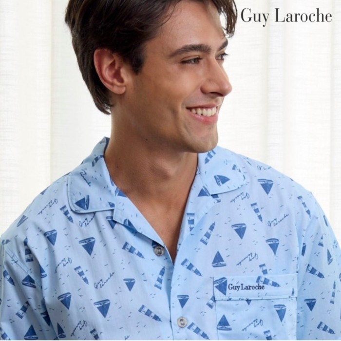Guy Laroche ชุดนอนคอปก แขนยาว ขายาว พิมพ์ลาย เนื้อผ้า cotton Twillใส่สบาย สีฟ้า  รุ่น JPG5972S6BU