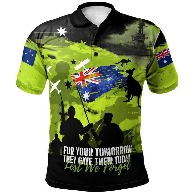 ผู้ชายAnzac Day Poppy 3Dพิมพ์เสื้อโปโลออสเตรเลียธงอนุสรณ์แขนสั้นBreathable Casual TopสําหรับRemembra