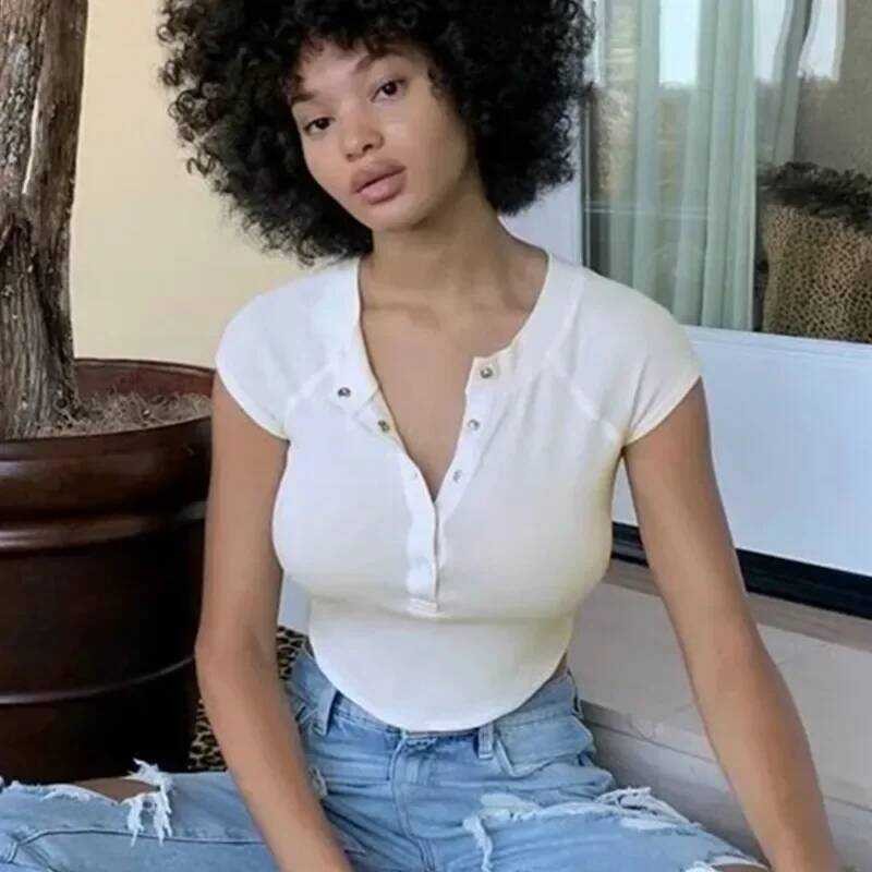 ▥ 2021 ฤดูร้อนสีทึบโลหะครึ่งเปิดปุ่มรอบคอ SLIM FIT เสื้อยืดผู้หญิง Cropped Abdomen-เปิดเผยแขนสั