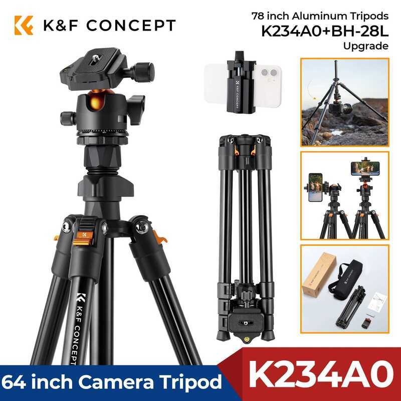 K & F Concept 64 นิ้วกล้องขาตั้งกล้องสําหรับโทรศัพท์มือถือ Live Vlog 8 กก.โหลด K234A0 + BH-28L น้ําห