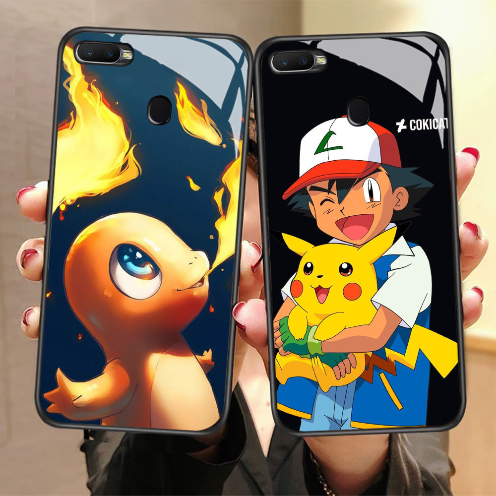 CK-85 Pokemon HD Glass Casing สําหรับ OPPO A7 A12 A12S A11K A5S F9 F7 F5 Realme 2 Pro