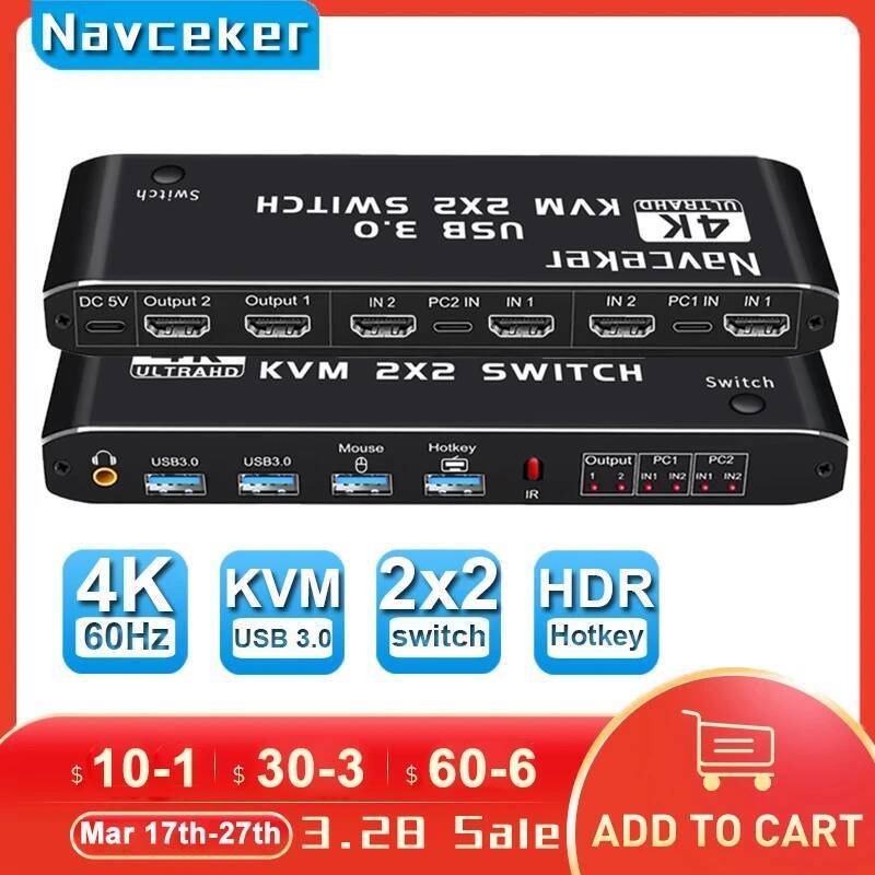 Navceker สวิตช์ KVM ที่รองรับ HDMI 4K 60Hz 2 พอร์ต Dual Monitor USB 3.0 KVM Switcher HDMI พร้อมพอร์ต