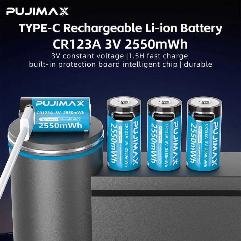 PUJIMAX Type-C Cr123a 2550Mwh 3V Lithium Rechargeable Battery High Capacity Portable Stable Output