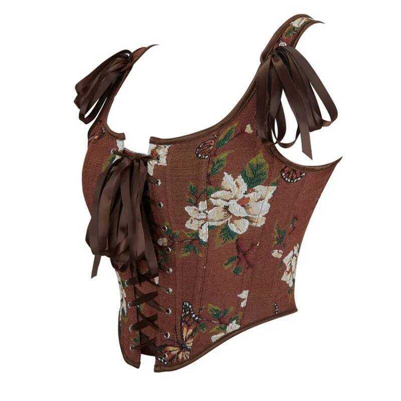 ▥ Retro Renaissance เสื้อผ้าผู้หญิง Going Out Cropped Top Lace Up Boned ดอกไม้พิมพ์เสื้อกั๊ก Ta