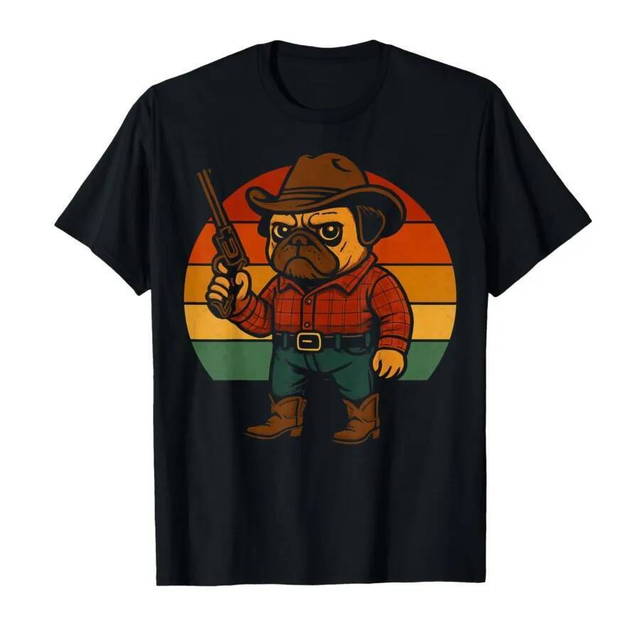 Funny Retro Cowboy Pug Dog Meme Western Outfit Red Costume T-shirt For Men Women 100% Cotton T Shirt