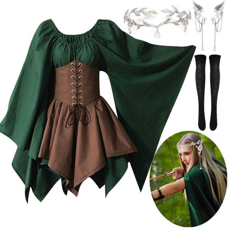 C Women Elf Costume Renaissance Traditional Irish Dress Medieval Fairy Costume Elf Ears For Hallowe