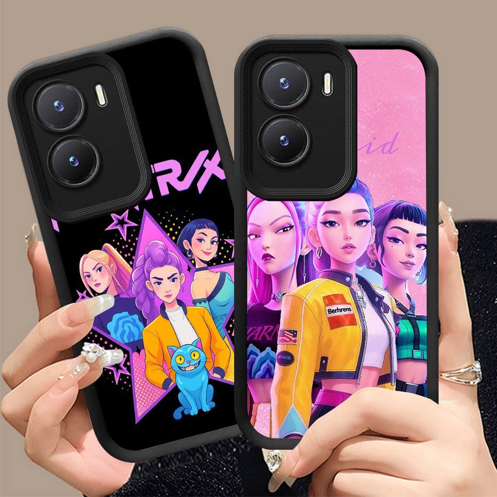 Q-9 Kpop Demon Hunter ขาวดำเคสโทรศัพท์หรับ VIVO IQOO Z7i Y01A Y02S Y15S Y15A Y16 Y01 ปกสีชมพู