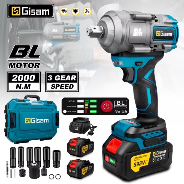 Gisam 2000N.M Torque Brushless Electric Impact Wrench 1/2 inch Screwdriver Cordless Electric Wrench