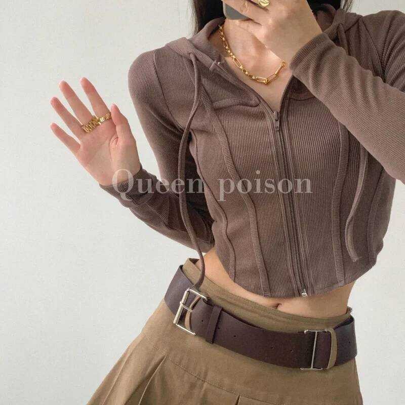 ▥ ถัก Zip Up Crop Top Slim สั้น Hoodies เซ็กซี่ Cropped