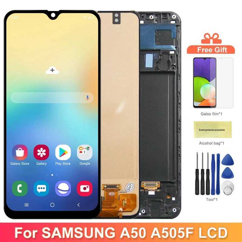 หน้าจอแสดงผล A50 พร้อมชุดกรอบสำหรับ Samsung Galaxy A50 A505 A505F/DS จอ LCD พร้อมหน้าจอสัมผัสดิจิตอล