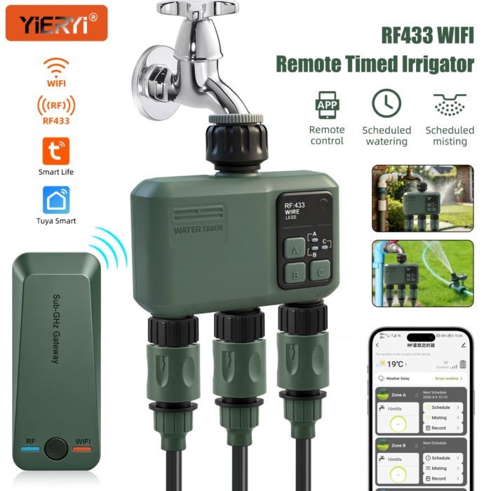 Tuya Smart WiFi Water Timer 3 Outlets RF433 Remote Garden Irrigation Controller Automatic Watering