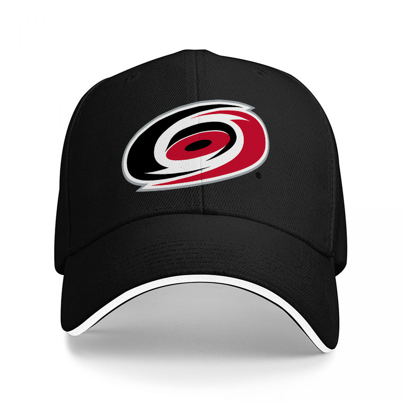 Carolina Hurricanes NHL Team Logo หมวกเบสบอลปรับได้สีดําพร้อมดีไซน์ปักและตัดสีขาวสําหรับแฟนๆ