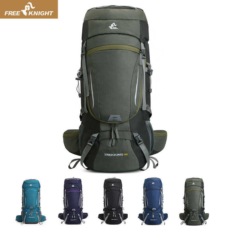 จัดส่งฟรี KNIGHT 60L กระเป๋าเดินป่า Water-Repellent กระเป๋าเป้สะพายหลังเดินป่ากลางแจ้งฟรีผ้าคลุมกันฝ