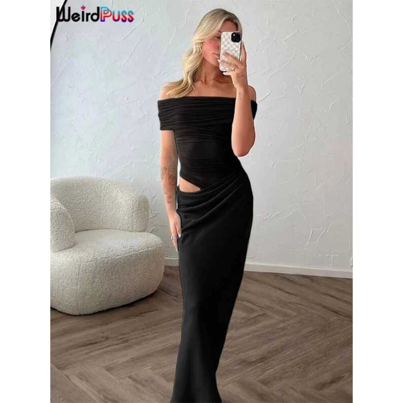 ▥ แปลก Puss Ruched ไม่สม่ําเสมอชุดผู้หญิงตาข่าย Patchwork Slash คอแขนสั้นผอมยืดแนวโน้ม Elegant