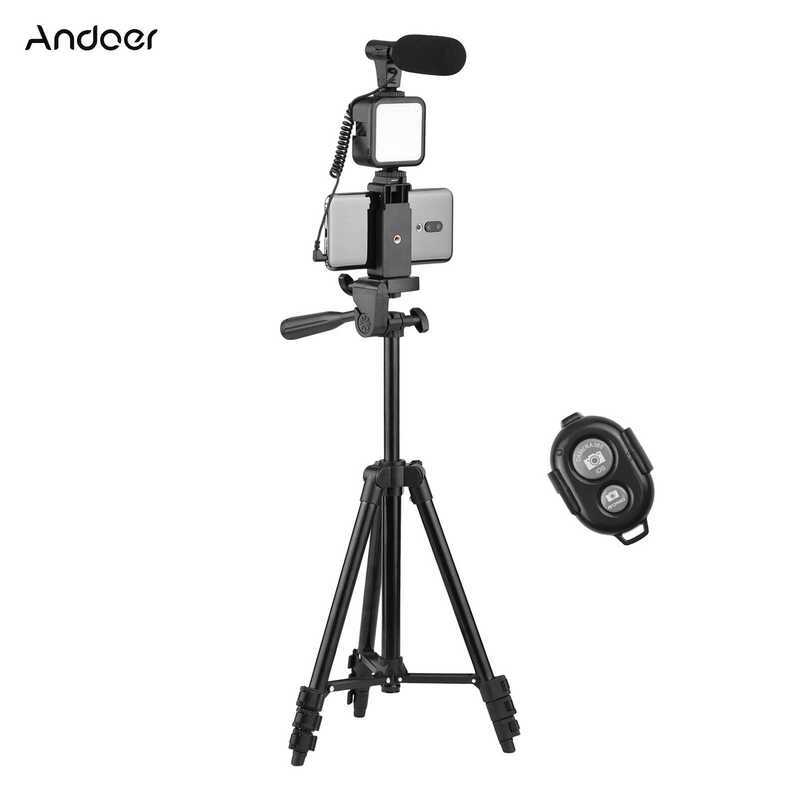 Andoer KIT-05LM ขาตั้งกล้องสมาร์ทโฟน Vlog ชุดพร้อมตัวยึดไมโครโฟนไฟวิดีโอ LED รีโมทชัตเตอร์สําหรับกล้