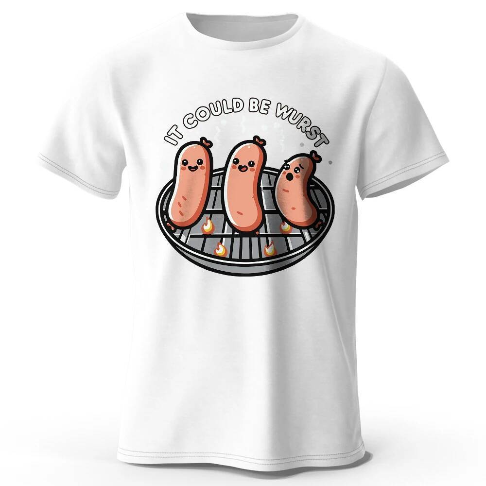 เสื้อยืดผ้าฝ้าย 100% มีกราฟิกแบบเยอรมัน "Could Be Wurst" เหมาะสำหรับใส่ในฤดูร้อนและสไตล์ STREETWEAR