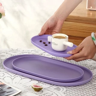ถาดฟางข้าวสาลี ถาดพลาสติกสไตล์มินิมอล ทรงรี สำหรับเสิร์ฟชา-กาแฟ วางแก้วน้ำ จัดของ