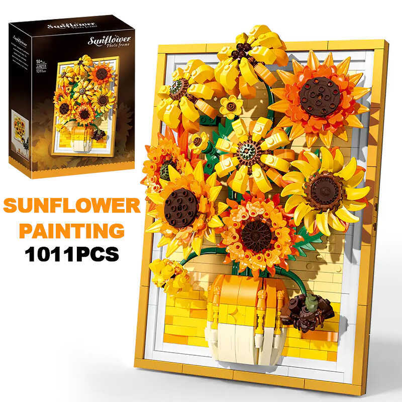Sunflowers Bouquet Painting Building Blocks Flower Potted Plant Decoration Assemble Bricks Toy For