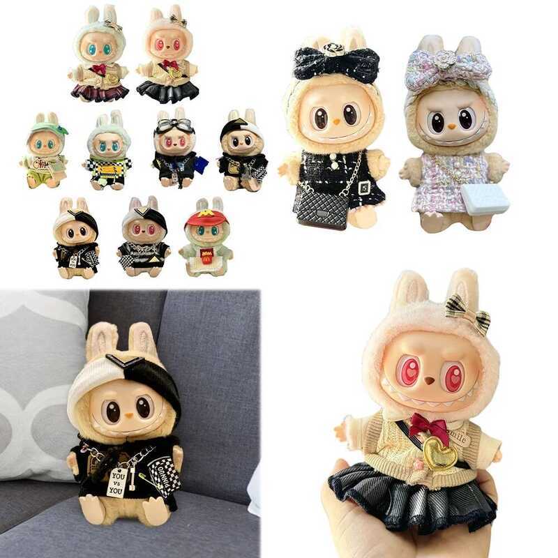 C 17Cm Mini Doll's Clothes Outfit Accessories For Labubu V1 V2 Striped Overalls Hats Shoes Cool Han