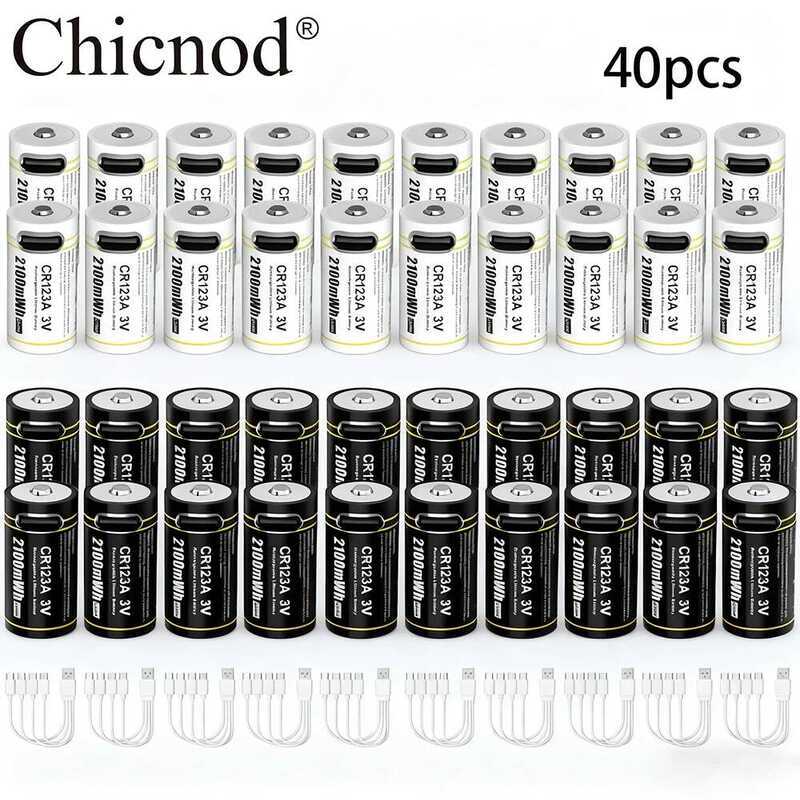 CHICNOD แบตเตอรี่ลิเธียมไอออนแบบชาร์จได้ TYPE-C 2-40 ชิ้น รุ่น CR123A 3V 2100mWh แบตเตอรี่ลิเธียม 3V