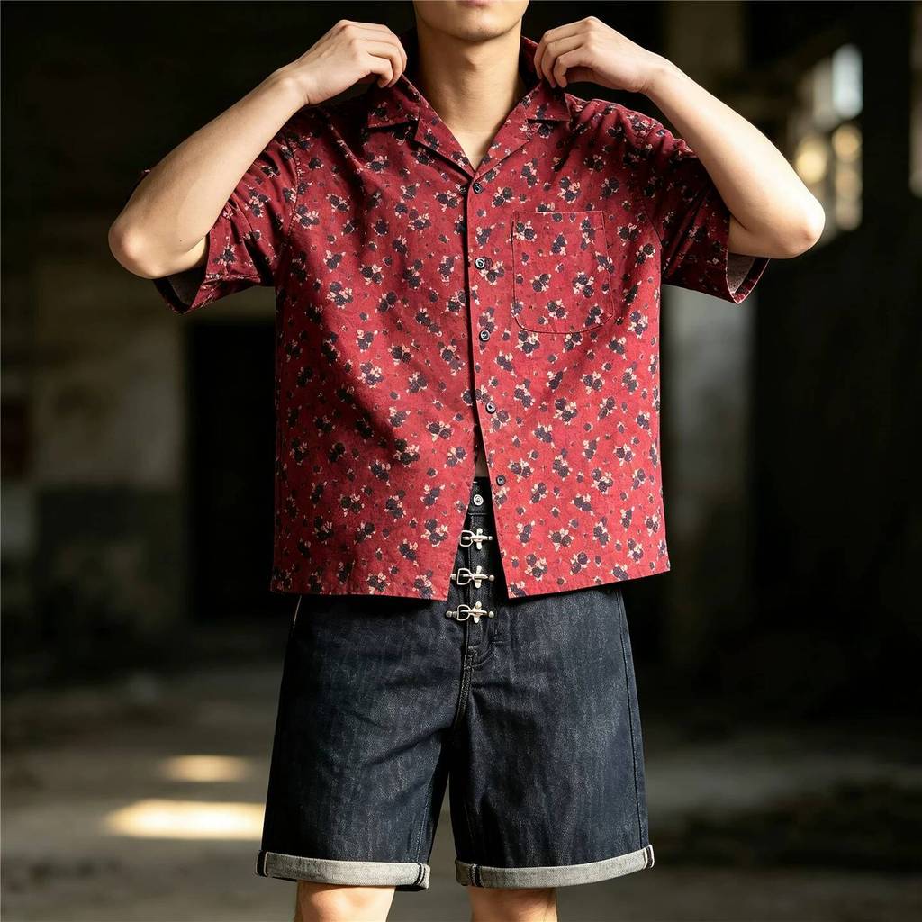 Wuluwear อเมริกันฮาวายคิวบาคอปกแขนสั้นดอกไม้เสื้อ High-End สีแดงหลวมเสื้อ Unisex ครึ่งแขนผู้ชายผู้หญิงฤดูร้อน
