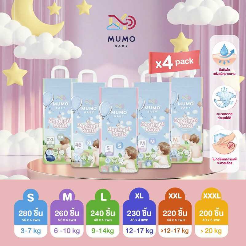 ใหม่ MUMO BABY Day&Night PANTS ไซส์ S-3Xl กางเกงผ้าอ้อมเด็ก มูโมะเบบี้ แพมเพิสเด็ก ยกลัง 4 แพ็ค